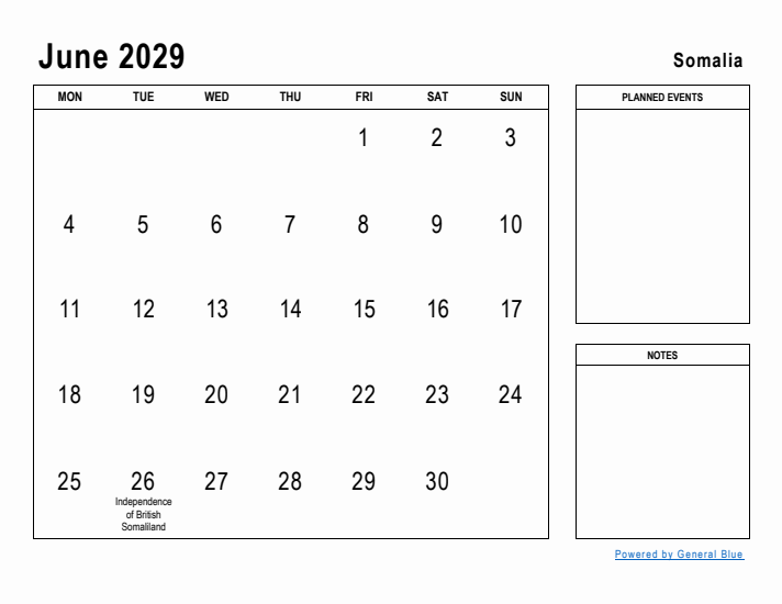 June 2029 Printable Monthly Calendar with Somalia Holidays