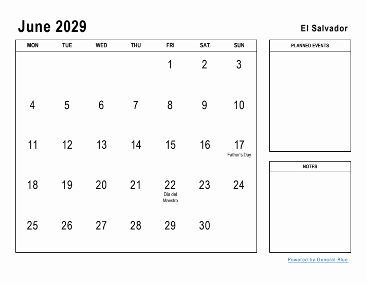 June 2029 Printable Monthly Calendar with El Salvador Holidays