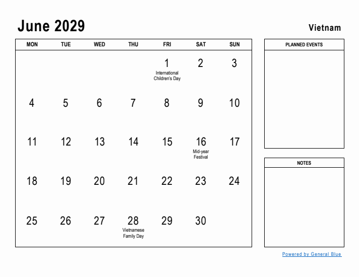 June 2029 Printable Monthly Calendar with Vietnam Holidays