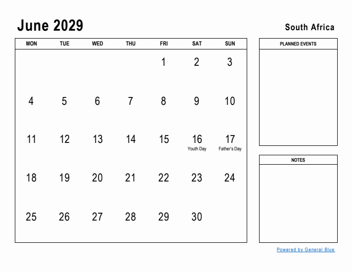 June 2029 Printable Monthly Calendar with South Africa Holidays