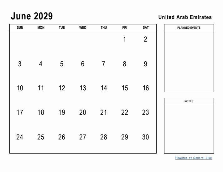 June 2029 Printable Monthly Calendar with United Arab Emirates Holidays