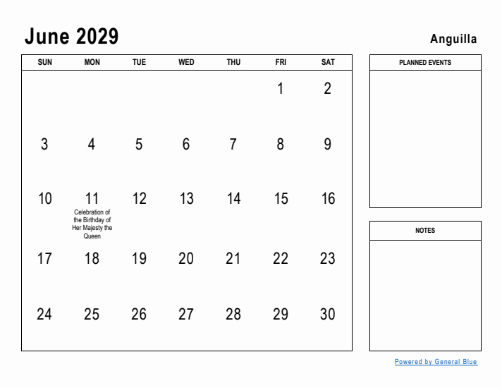 June 2029 Printable Monthly Calendar with Anguilla Holidays