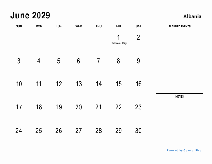 June 2029 Printable Monthly Calendar with Albania Holidays