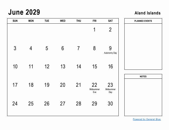 June 2029 Printable Monthly Calendar with Aland Islands Holidays