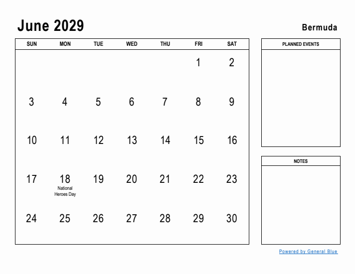 June 2029 Printable Monthly Calendar with Bermuda Holidays