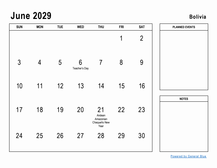 June 2029 Printable Monthly Calendar with Bolivia Holidays