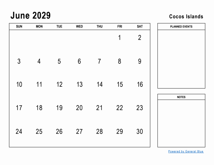 June 2029 Printable Monthly Calendar with Cocos Islands Holidays