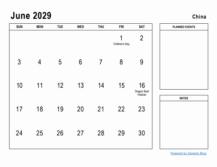 June 2029 Printable Monthly Calendar with China Holidays