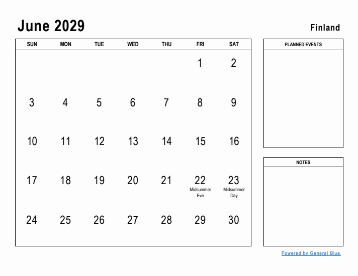 June 2029 Printable Monthly Calendar with Finland Holidays