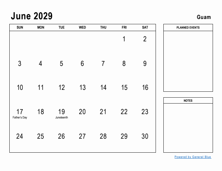 June 2029 Printable Monthly Calendar with Guam Holidays