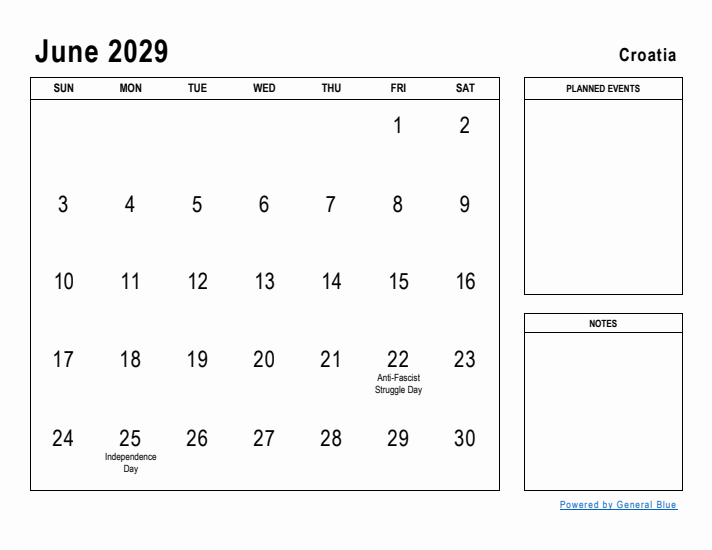 June 2029 Printable Monthly Calendar with Croatia Holidays