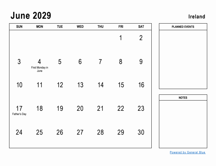 June 2029 Printable Monthly Calendar with Ireland Holidays