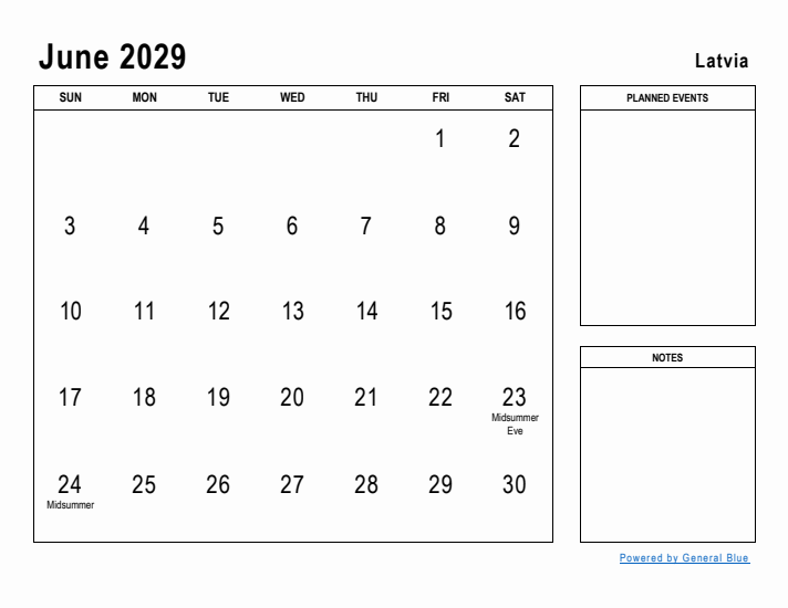 June 2029 Printable Monthly Calendar with Latvia Holidays