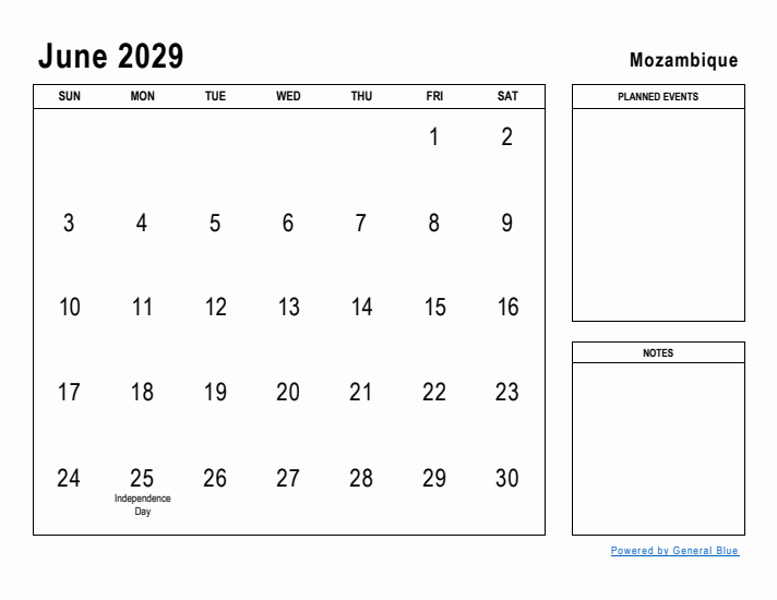 June 2029 Printable Monthly Calendar with Mozambique Holidays