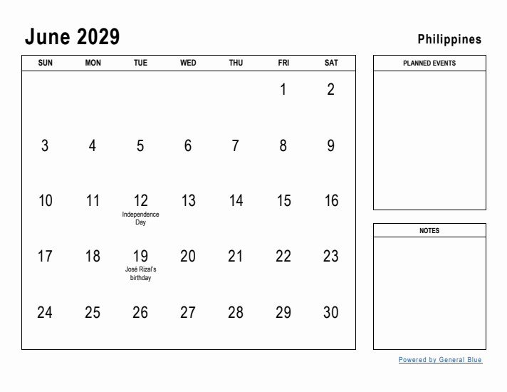 June 2029 Printable Monthly Calendar with Philippines Holidays