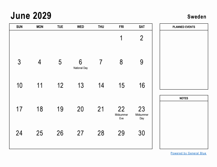 June 2029 Printable Monthly Calendar with Sweden Holidays