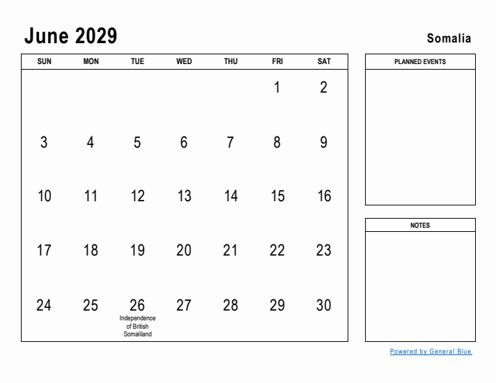 June 2029 Printable Monthly Calendar with Somalia Holidays