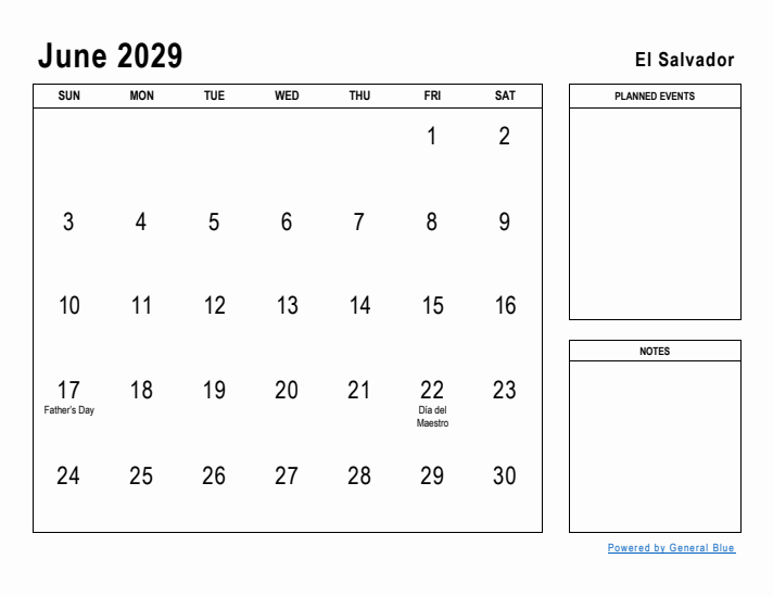 June 2029 Printable Monthly Calendar with El Salvador Holidays