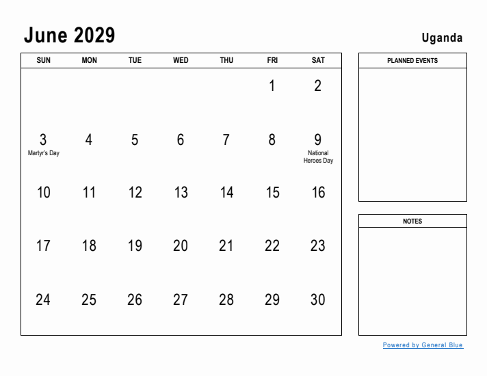 June 2029 Printable Monthly Calendar with Uganda Holidays