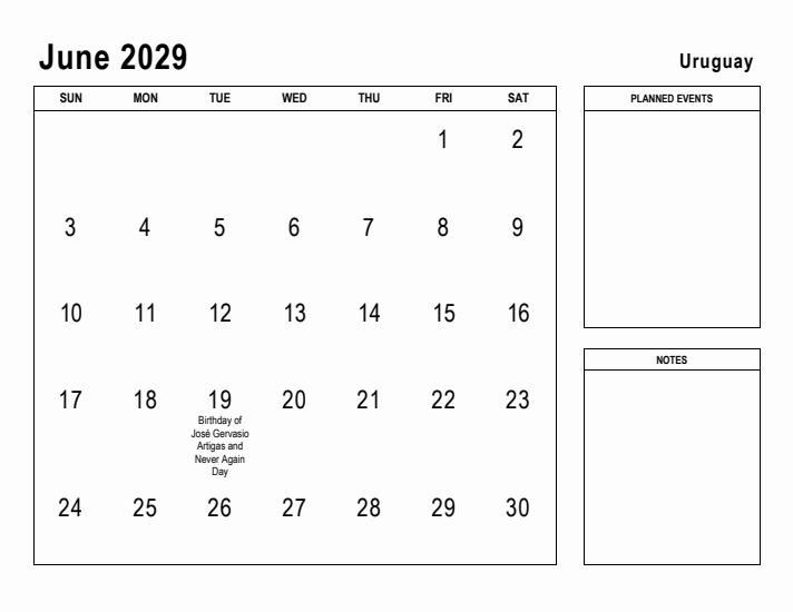 June 2029 Printable Monthly Calendar with Uruguay Holidays