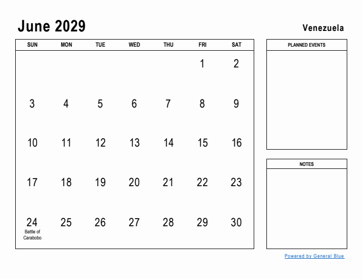 June 2029 Printable Monthly Calendar with Venezuela Holidays