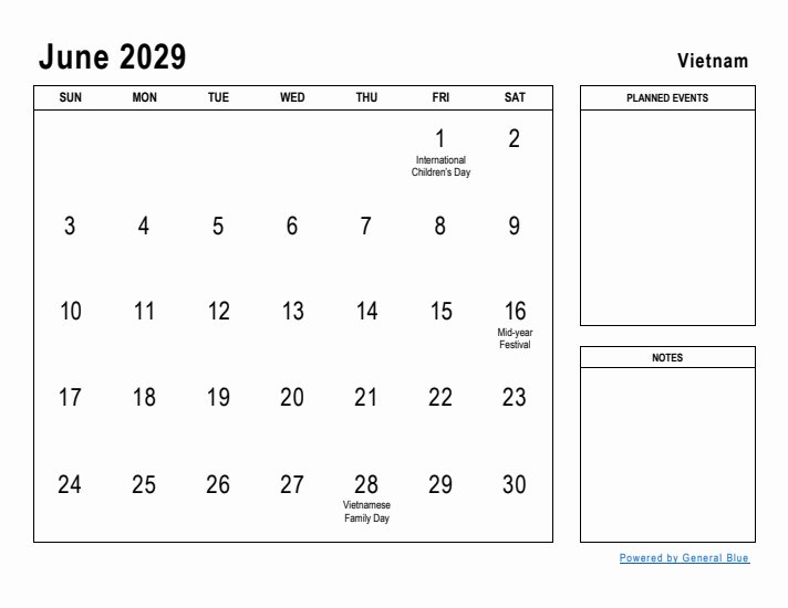 June 2029 Printable Monthly Calendar with Vietnam Holidays