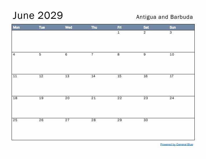 June 2029 Simple Monthly Calendar for Antigua and Barbuda