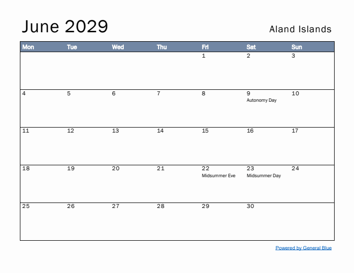 June 2029 Simple Monthly Calendar for Aland Islands