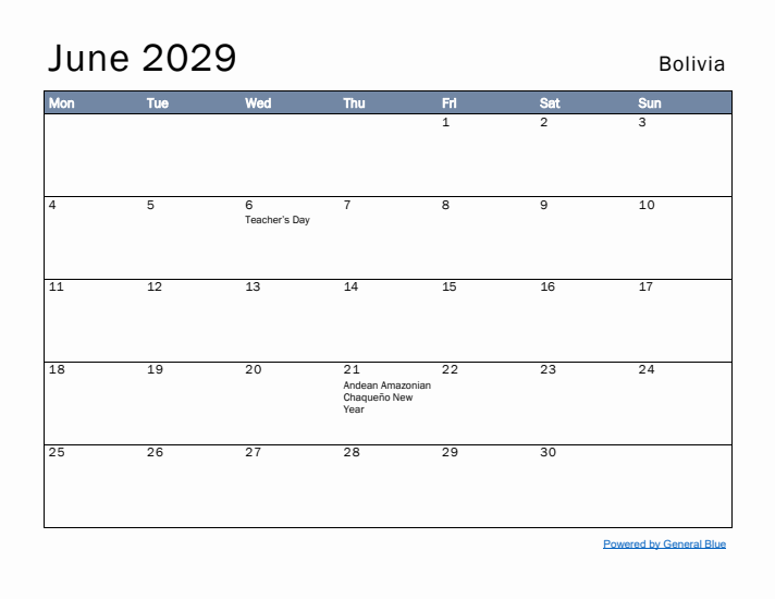 June 2029 Simple Monthly Calendar for Bolivia