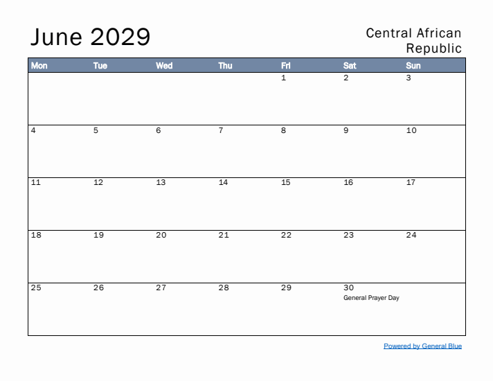 June 2029 Simple Monthly Calendar for Central African Republic