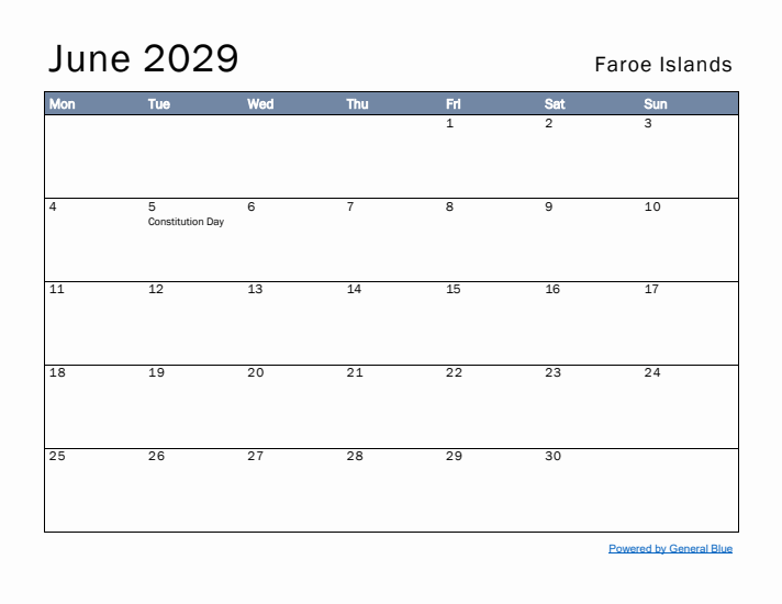 June 2029 Simple Monthly Calendar for Faroe Islands