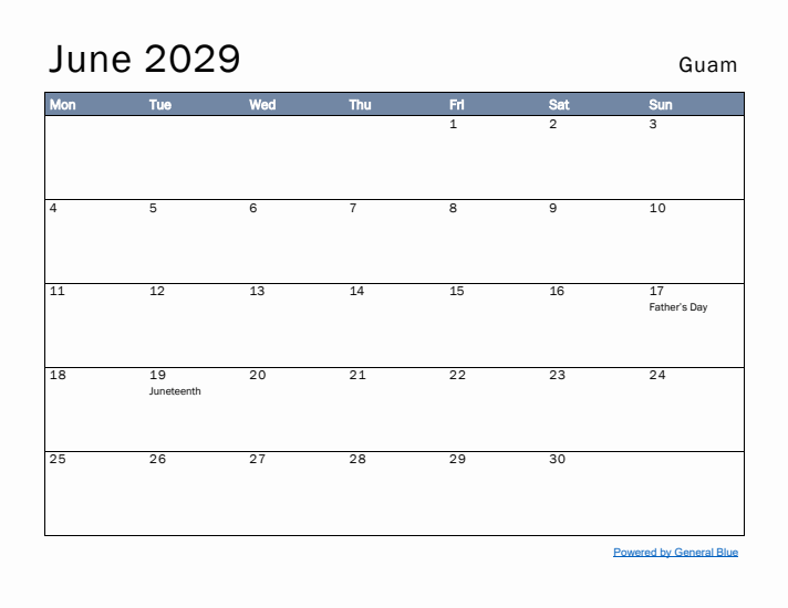 June 2029 Simple Monthly Calendar for Guam