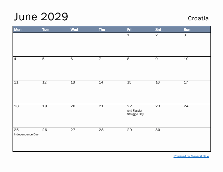 June 2029 Simple Monthly Calendar for Croatia