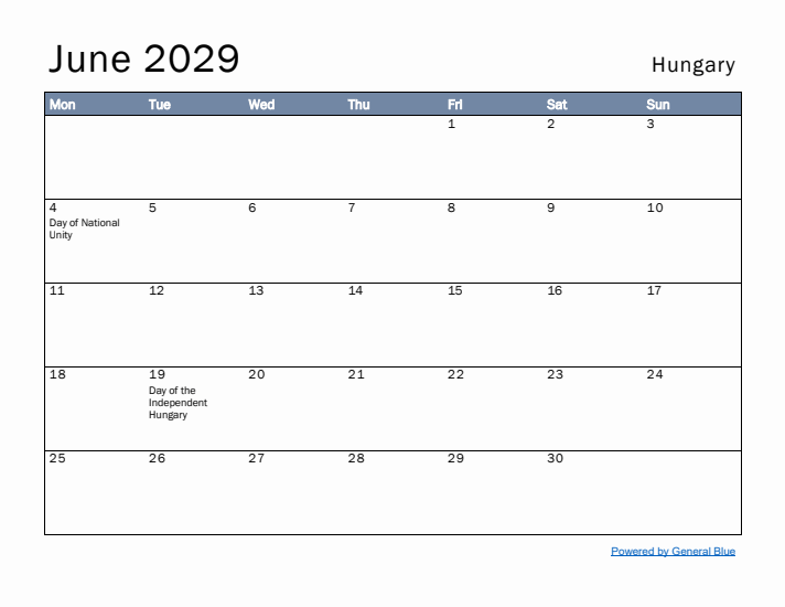 June 2029 Simple Monthly Calendar for Hungary