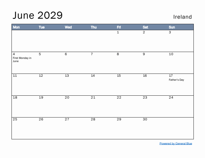 June 2029 Simple Monthly Calendar for Ireland