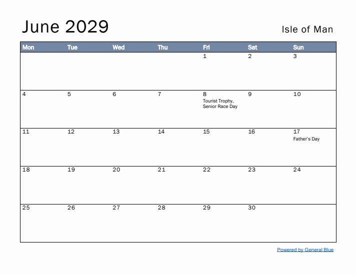 June 2029 Simple Monthly Calendar for Isle of Man