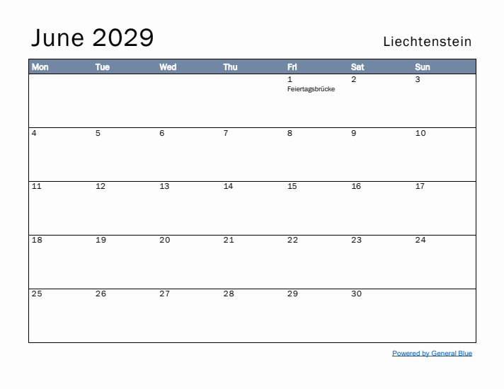 June 2029 Simple Monthly Calendar for Liechtenstein