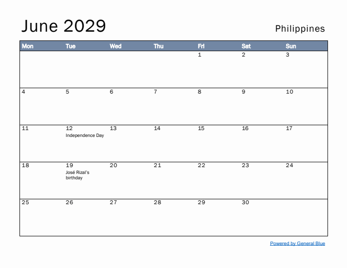 June 2029 Simple Monthly Calendar for Philippines