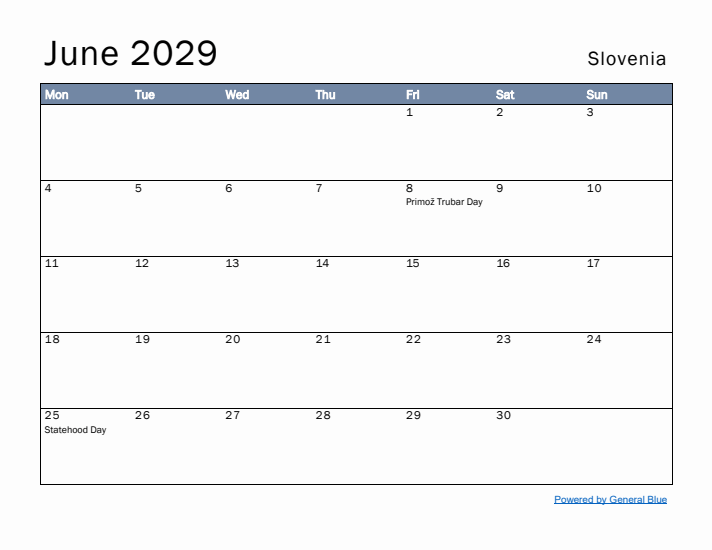 June 2029 Simple Monthly Calendar for Slovenia