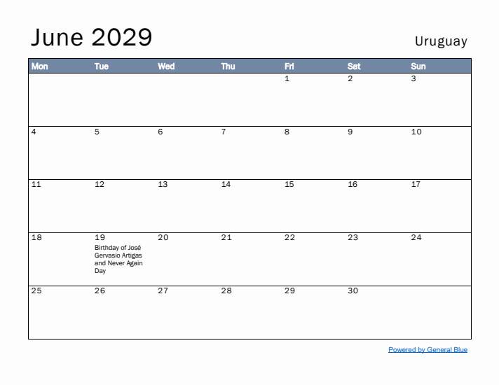 June 2029 Simple Monthly Calendar for Uruguay