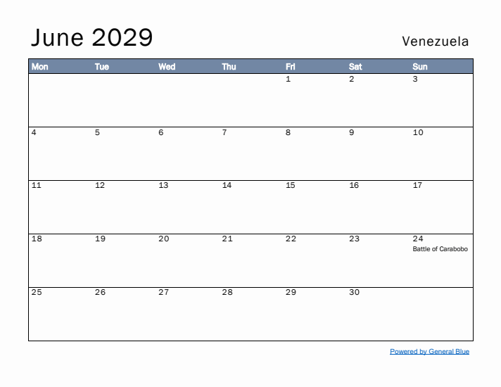 June 2029 Simple Monthly Calendar for Venezuela