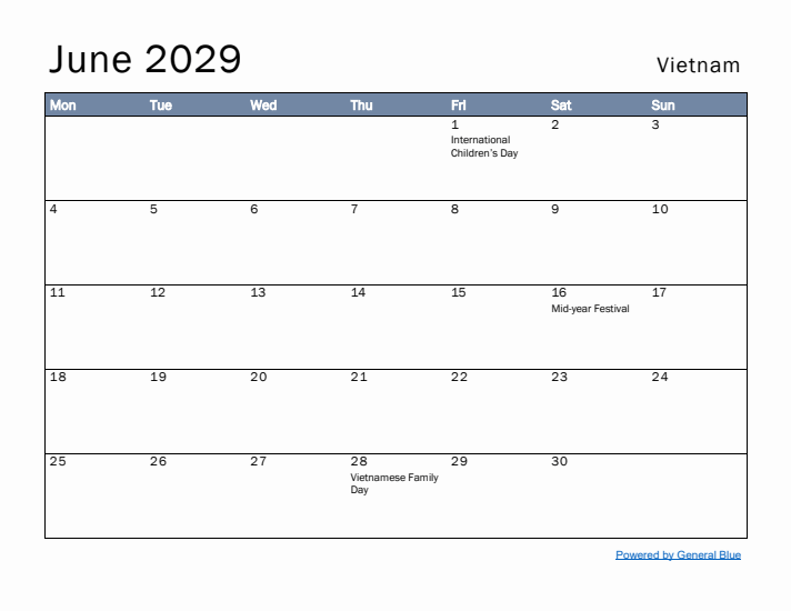 June 2029 Simple Monthly Calendar for Vietnam