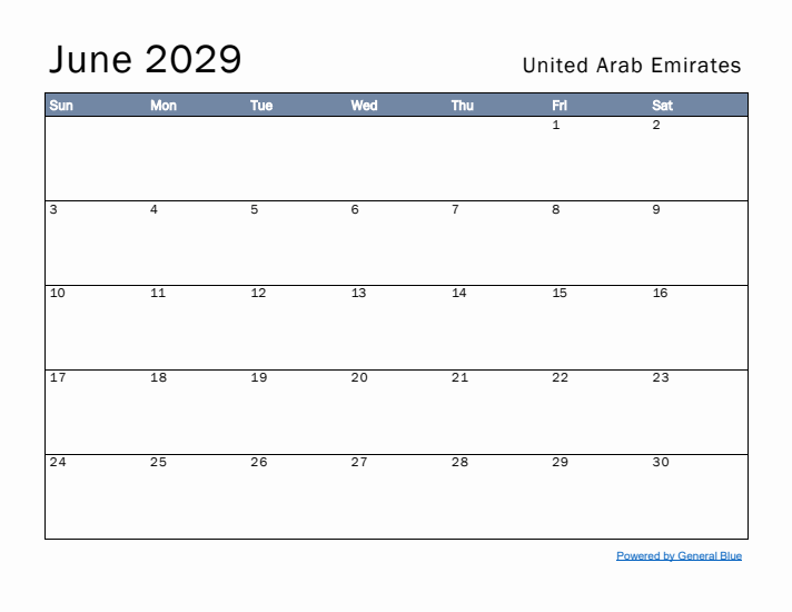 June 2029 Simple Monthly Calendar for United Arab Emirates