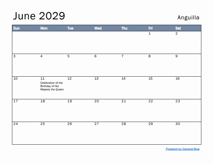 June 2029 Simple Monthly Calendar for Anguilla