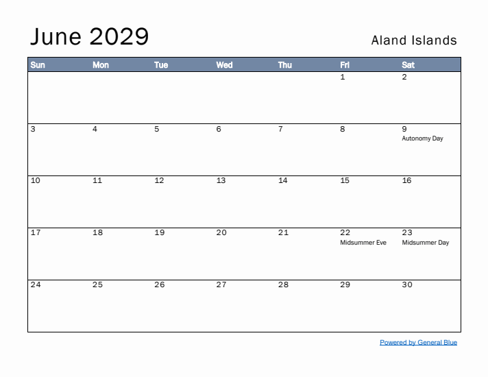 June 2029 Simple Monthly Calendar for Aland Islands