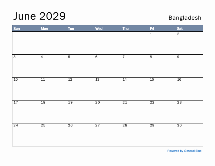 June 2029 Simple Monthly Calendar for Bangladesh