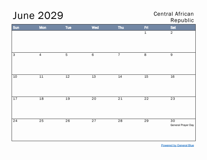 June 2029 Simple Monthly Calendar for Central African Republic