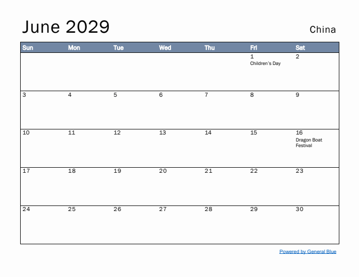 June 2029 Simple Monthly Calendar for China