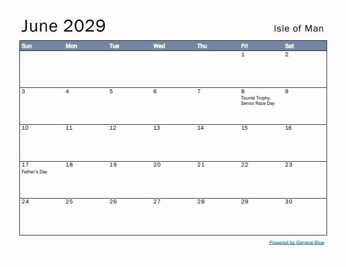 June 2029 Simple Monthly Calendar for Isle of Man