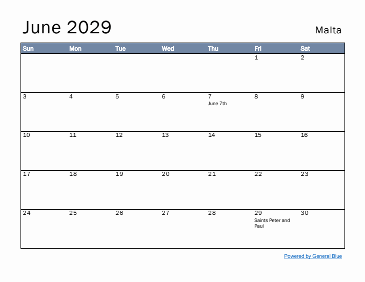 June 2029 Simple Monthly Calendar for Malta